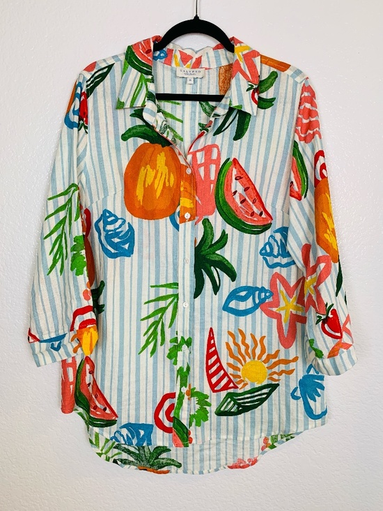 Calypso St. Barth Tops - Calypso St. Barth Button Up Shirt XL Stripes Fruit Nautical Beach Print Linen